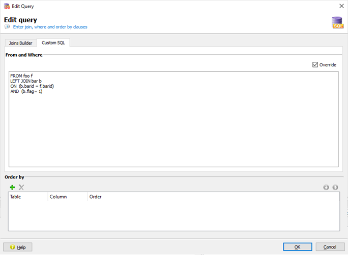This figure is a screenshot of the Edit query dialog custom SQL tab.