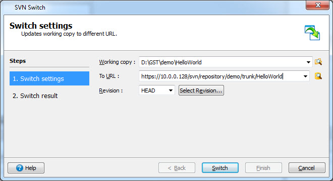 This figure shows an example of moving a working copy to a different URL using the SVN Switch dialog.