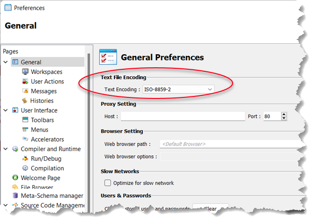 The screenshot shows the General Preferences window with text encoding selection ISO-8859-2.