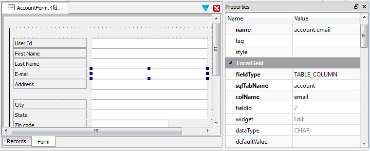 This figure is a screen shot of the Form Designer Properties View.