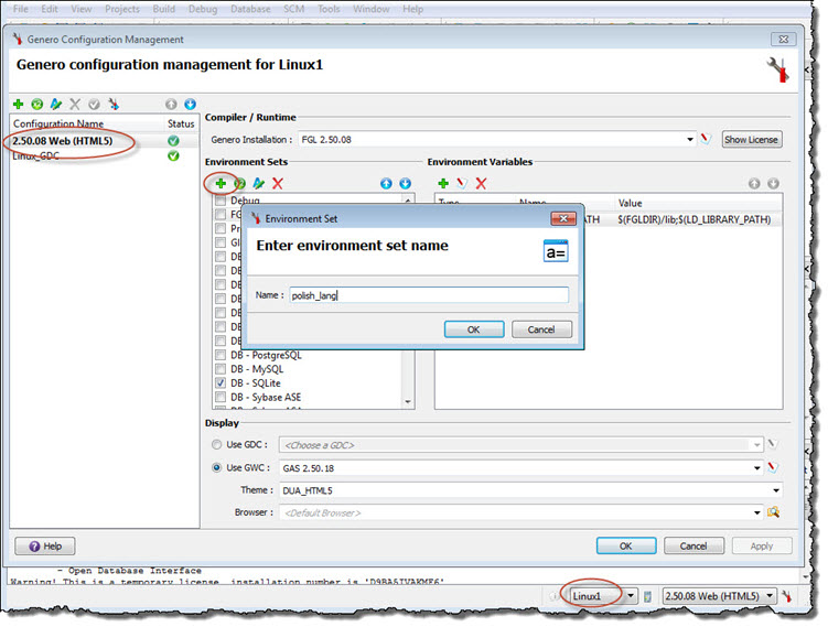 The screenshot shows the option to add a remote environment set to a Genero Studio server.