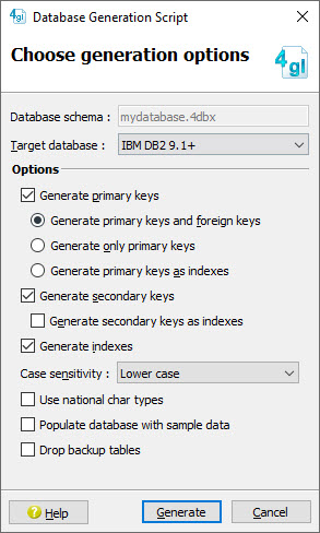 Screen shot of Database Generation Script dialog.