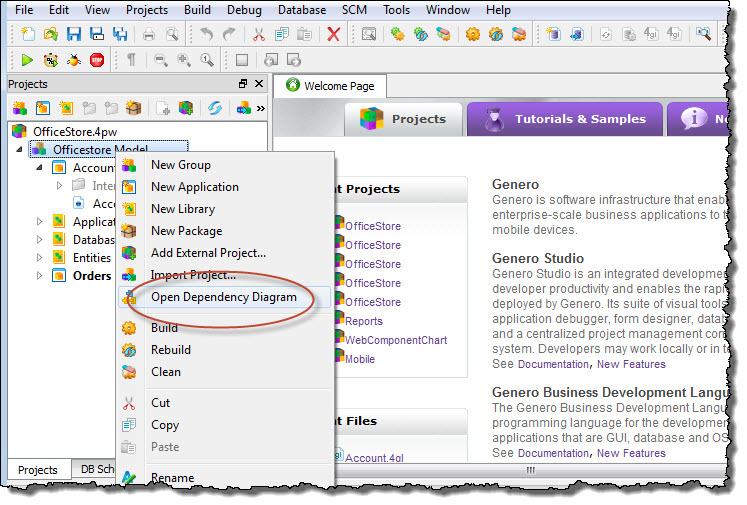 This figure shows how to open a Dependency diagram at the project group level.