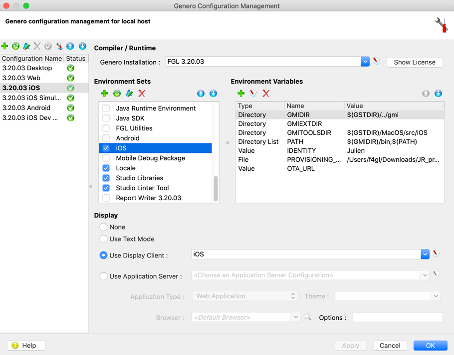 Screen shot showing iOS Environment Set, with GMIDIR highlighted.