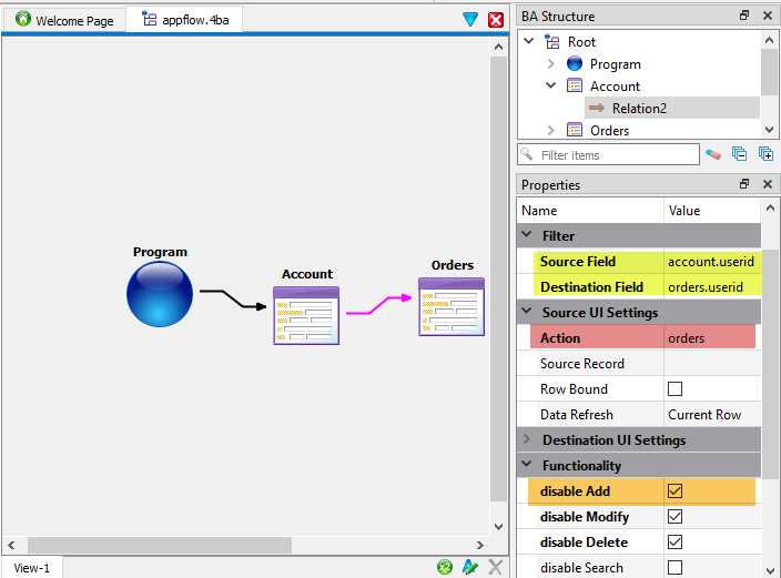 This figure shows a screenshot of a relationship being defined between the master and the detail form.