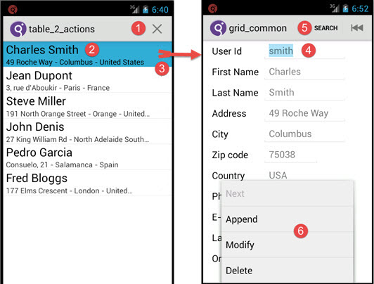 Table form displayed and related grid form displayed on an Android emulator.