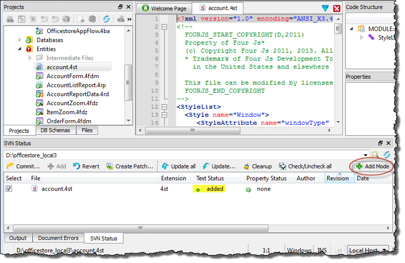 This figure shows a new file displayed by the Add Mode option in the SVN Status view.