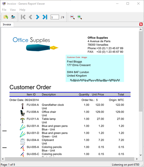 This figure is a screenshot of the Genero Report Viewer. Reports display using tabs within the GRV.