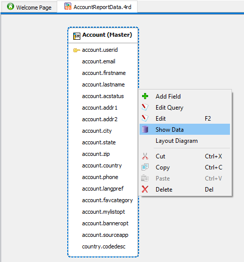 Figure shows a report data record object with the menu to Show Data selected