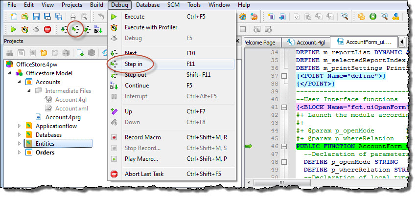 This figure shows the results of the Step in instruction - program execution waiting inside the called function.