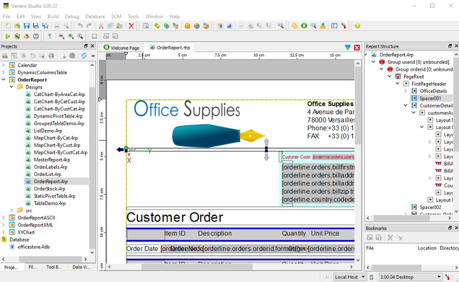 Screenshot of Genero Report Designer showing the OrderReport .4rp file open with Report Structure view displayed