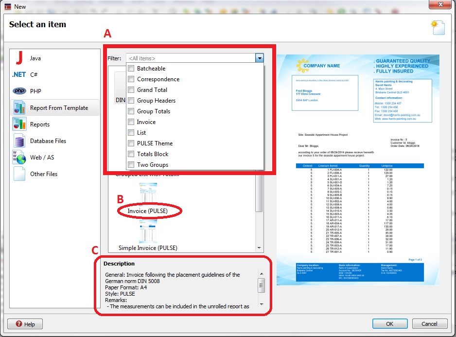 Screen shot of New Template wizard highlighting the location of the filters, labels, and descriptions of templates.