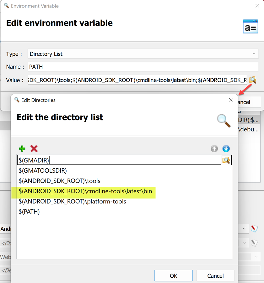 The "Edit Environment variable" dialog is opened for the PATH variable. The browser icon is highlighted, which opens the "Edit directories" dialog (indicated by a red arrow). The "Edit directories" dialog is shown with "$(ANDROID_SDK_ROOT)\cmdline-tools\latest\bin" highlighted.