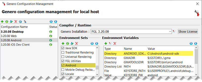 Genero Hosts Management Android SDK environment set with ANDROID_SDK_ROOT highlighted.