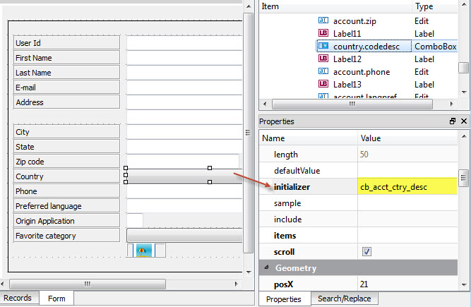 This figure shows the Combobox initializer property set.