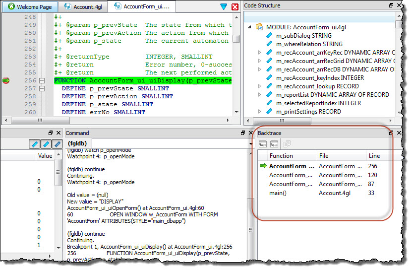 The Backtrace view in this figure shows that the current function is AccountForm_ui_uiDisplay() which was called from AccountForm_ui_uiAutomaton() in AccountForm_ui.4gl.