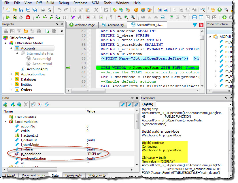 This figure shows the results of the continue command typed in manually using the Command view. Program execution continued until the p_openMode watchpoint was triggered by a change in value to "DISPLAY".