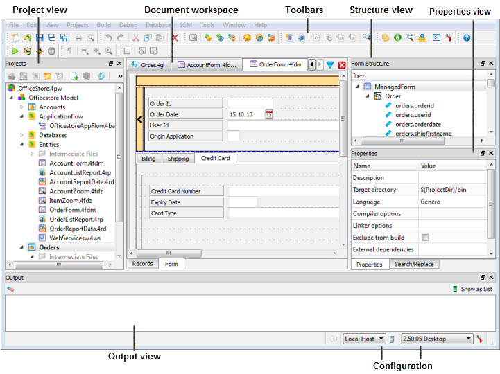 Screenshot of Genero Studio with parts of the framework identified.