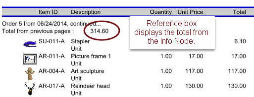 This figure shows a report with a Reference Box displaying the total from an Info Node.