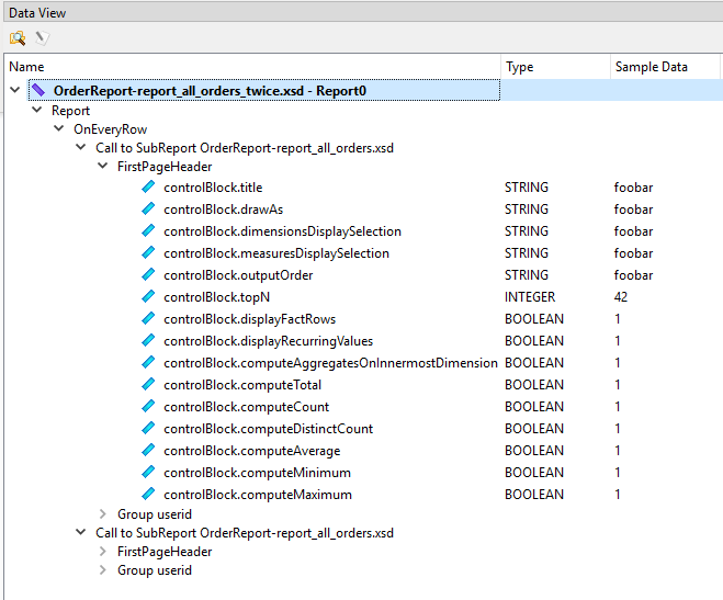 This figure is a screenshot of the Data View showing the content of sub reports in the data schema for the master report.