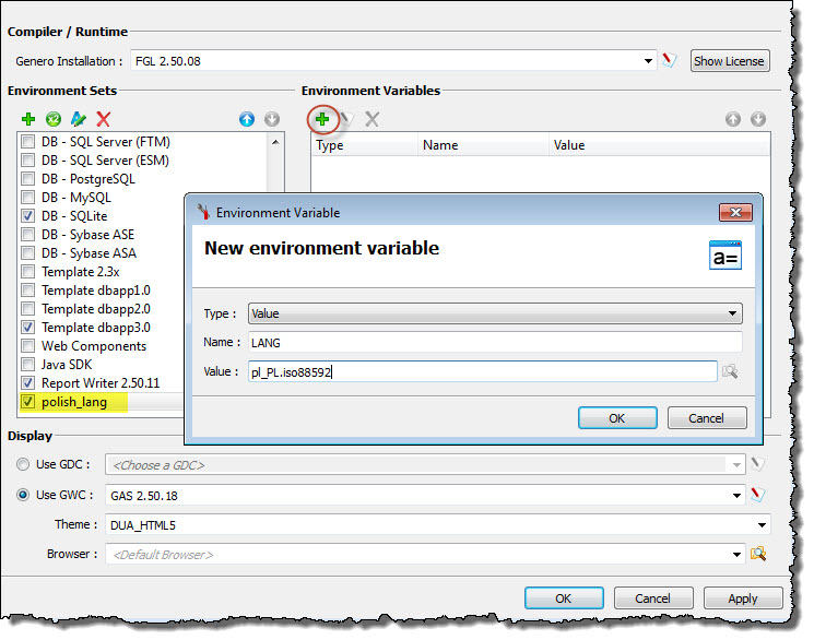 This screenshot shows configuration of the LANG environment variable in a new environment set for the Genero Studio server.