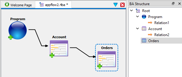 This figure is a screenshot of a master-detail relationship being defined between the forms in the Business Application diagram.