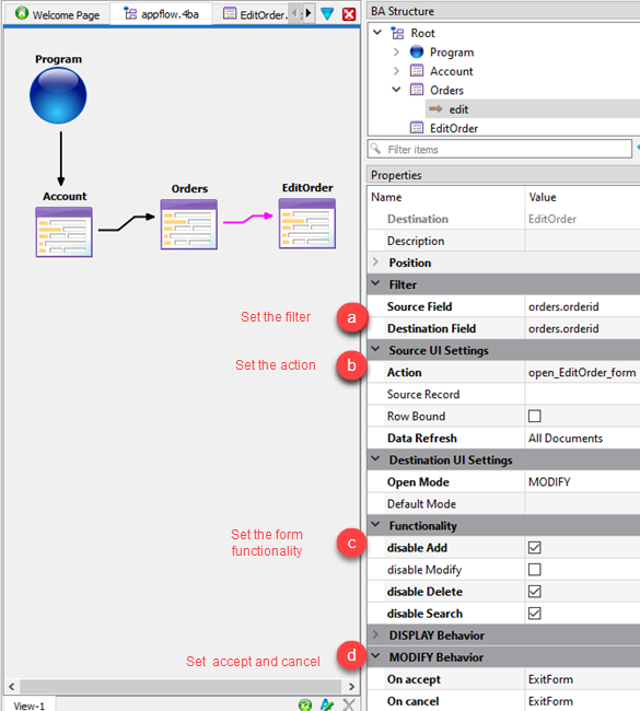 This figure shows a screenshot of a relation being defined between the orders and the EditOrder form.