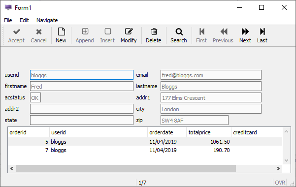 This figure is a screenshot of the application running, showing the master-detail data.