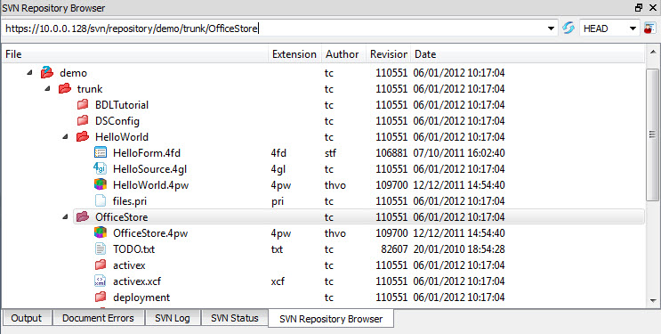 This figure shows the SVN Repository Browser displaying the contents of the repository.