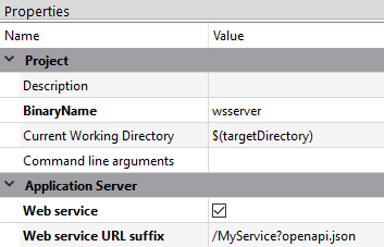 Screen shot of Properties view with BinaryName, Web service, and Web service URL suffix set.