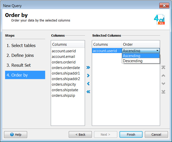 This figure is a screenshot of the New Query wizard, Order By page.