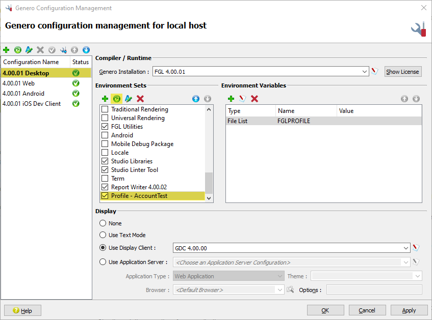 This figure is a screenshot of the Genero Configuration Management dialog, highlighting the "4.00.01 Desktop" configuration, the Duplicate button, and the "Profile - AccountTest" environment set.