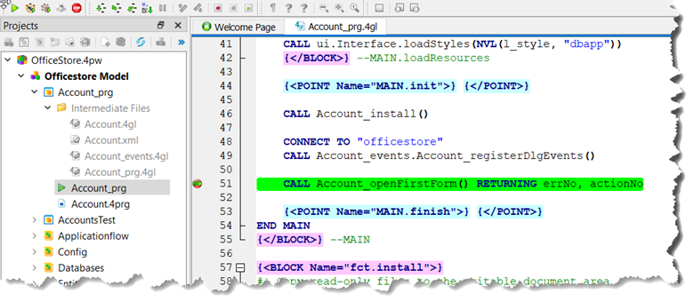 This figure shows the Accounts application in Debug mode, waiting at the breakpoint for Account_openFirstForm.