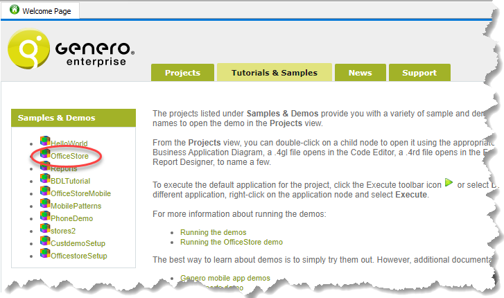 This figure shows the OfficeStore project in list of samples and demos.