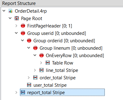 This figure shows the Report Structure created by modifying the report application to include an order_total, store_total, and report_total in the report. See the surrounding text for more information about modifying the report application and Report Structure to add group and report totals.