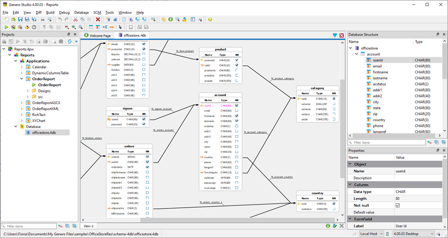 Screenshot of Genero Studio Meta_schema Manager window showing officestore database tables and relations