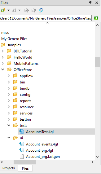 This figure shows the AccountsTest.4gl file opened in the Files view, showing its location in \Documents\My Genero Files\samples\OfficeStore\tests