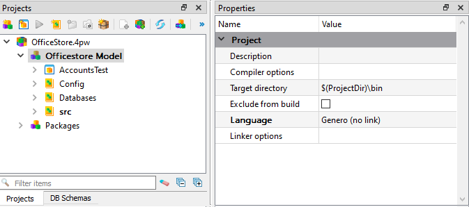 This figure shows the OfficeStore.4pw file opened in the Projects view. The Officestore Model group is selected and its properties are displayed in the Properties view