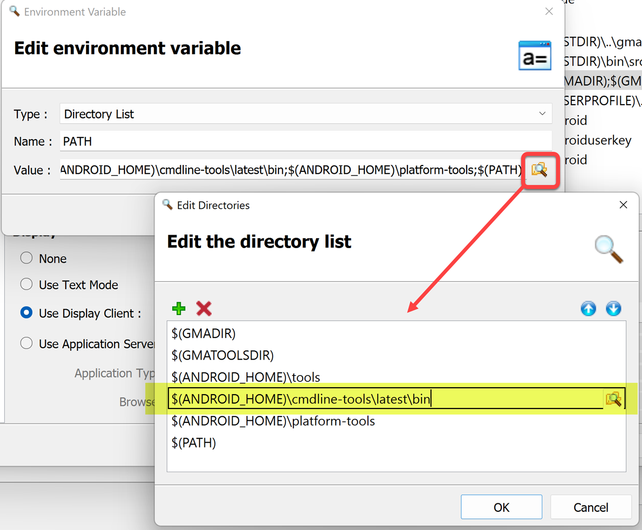 The "Edit Environment variable" dialog is opened for the PATH variable. The browser icon is highlighted, which opens the "Edit directories" dialog (indicated by a red arrow). The "Edit directories" dialog is shown with "$(ANDROID_HOME)\cmdline-tools\latest\bin" highlighted.