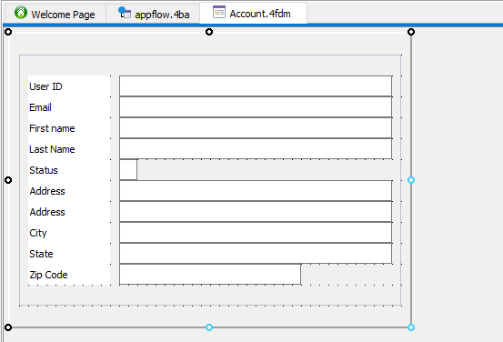 This figure is a screenshot of the Account.4fdm form, with the labels reading User ID, Email, First name, Last name, Status, Address, Address, City, State, and Zip Code.