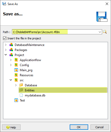 This figure is a screenshot of the Save As dialog, where the form is saved as "C:\MobileBAMForms\src\Account.4fdm" and is included in the project under "Project/src/Entities".