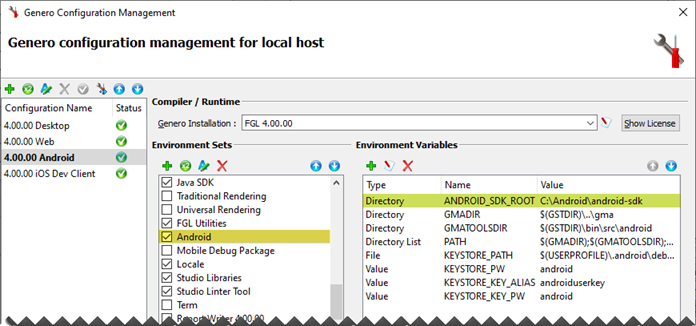 Genero Hosts Management Android SDK environment set with ANDROID_SDK_ROOT highlighted.