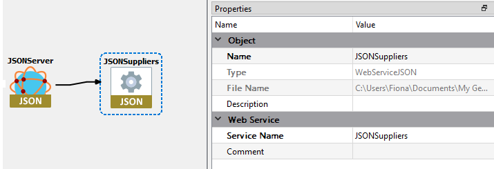 This figure shows a BA diagram for a JSON Web Service. It includes a JSON Web Service Server with a relation to a single JSON Web Service. The JSON Web Service is selected so that its properties display in the Properties pane. The Service Name property has a value of "JSONSuppliers".