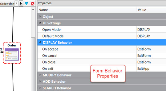 Form entity selected on diagram and form behavior properties highlighted.