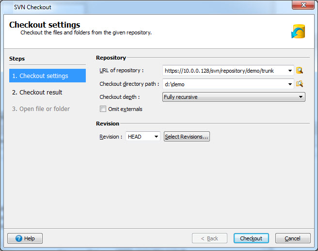 This figure is a screenshot of the SVN Checkout dialog. See the surrounding text more more information about the checkout process and the fields shown.