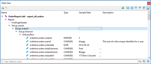 This figure is a screenshot of the Data View displaying the OrderReport.rdd data.