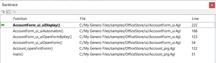 The Backtrace view in this figure shows that the current function is AccountForm_ui_uiDisplay() which was called from AccountForm_ui.4gl.