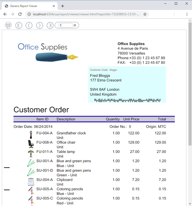 This figure is a screen shot of the Genero Report Viewer for HTML5.