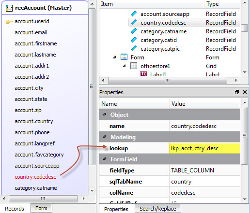 This figure is a screenshot of country.codedesc column properties, with lookupCountry specified for lookup property.