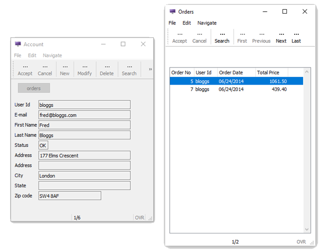 This figure is a screenshot of two forms generated for the master-detail relationship for mobile applications